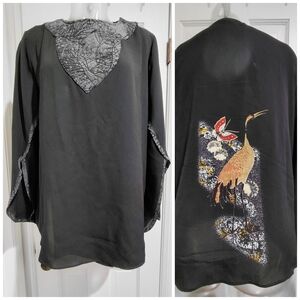Harari Black Tunic Silk Top with Crane Print M
